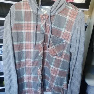 Passport Gray Plaid Hooded Button-Up Top with Rust and Teal Accents